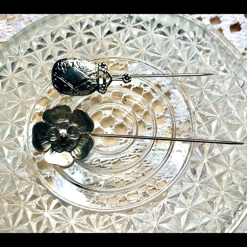 Vintage brooch stick pins flower mirror silver amber